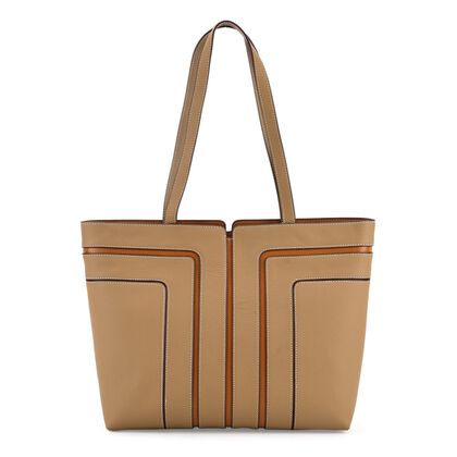 Echtleder Shopper, geometrisches Panel Design, 32 x 12 x 28, Beige
