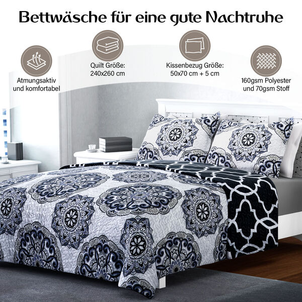 SERENITY NIGHT: 3er-Set - Bedruckte Steppdecke und 2 Kissenbez&uuml;ge, Schwarz-Wei&szlig; image number 2