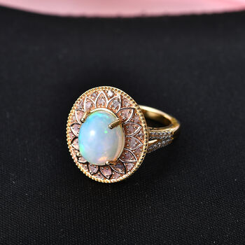 D'Joy AAA Nat&uuml;rlicher, &auml;thiopischer Welo Opal, Nat&uuml;rlicher Rosa Diamant Ring 925 Silber 750 Gelbgold vermeil (Gr&ouml;&szlig;e 17.00) ca. 3,12 ct