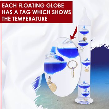 Galileo Thermometer mit schwimmenden Kugeln in Blau