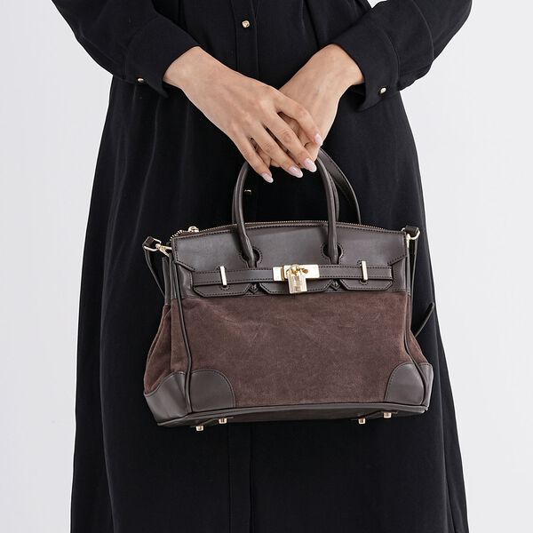 Grand Pelle Echtleder Citybag mit Reißverschluss und Schlossoptik 30 x 16 x 23 cm Kaffebraun image number 4