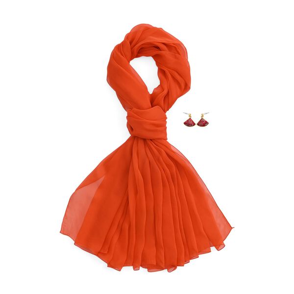 LA MAREY 2er-Set 110x180cm Seidenschal aus 100% Maulbeerseide mit Ohrringen, Orange & rot image number 0