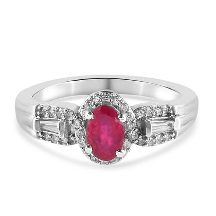 Afrikanischer Rubin (Fissure gef&uuml;llt) und Zirkon-Ring, 925 Silber platiniert (Gr&ouml;&szlig;e 16.00) ca. 1,02 ct