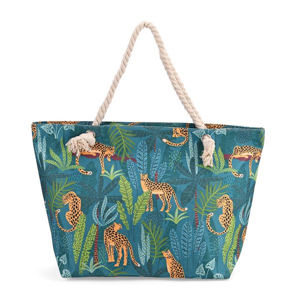 Großformatige Tragetasche mit Leoparden- und roten Blumenmotiven - mit Reißverschluss, Innentasche, 40,5x18x38 cm