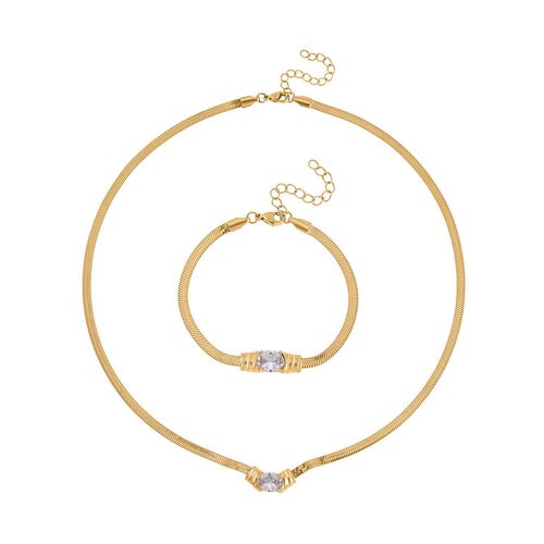 2-teiliges Schmuckset, Halskette und Armband mit Weißer Kristallen, Edelstahl goldfarben image number 0