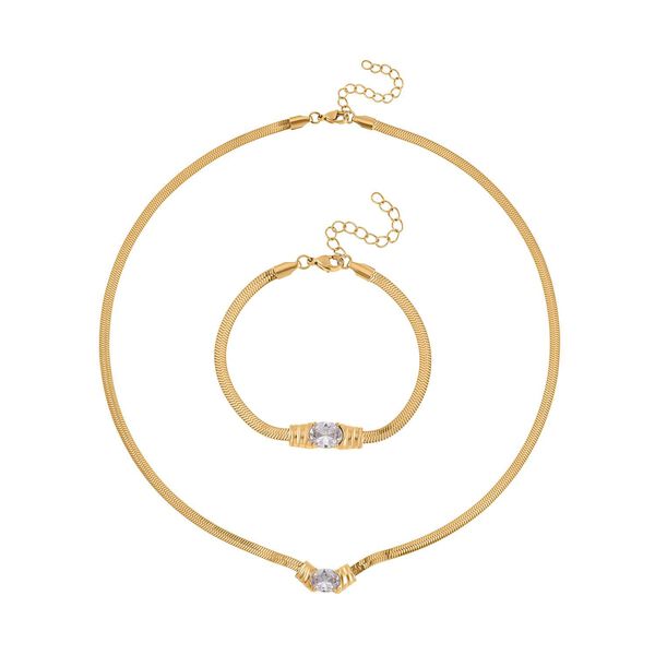 2-teiliges Schmuckset, Halskette und Armband mit Weißer Kristallen, Edelstahl goldfarben image number 0
