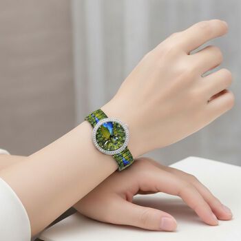 STRADA - Armbanduhr mit Pfaumotiv, Kristall-L&uuml;nette, Japanisches Uhrwerk, Edelstahlzugband, Reiner Edelstahl