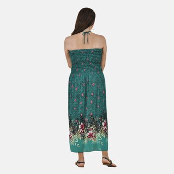 TAMSY - Gesmoktes Maxi-Kleid, Sommerkleid, Pfaunmuster, gr&uuml;n