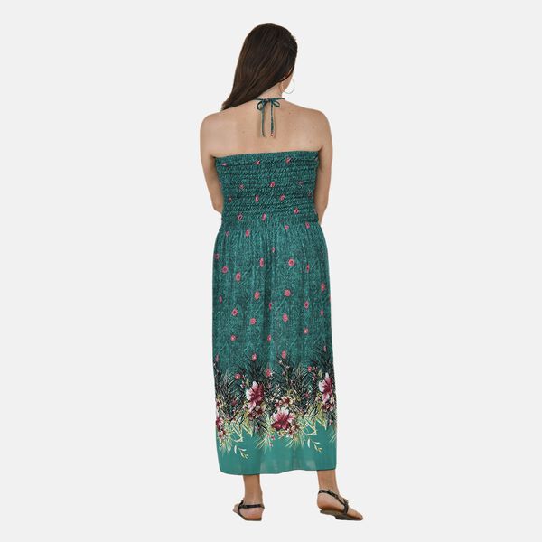 TAMSY - Gesmoktes Maxi-Kleid, Sommerkleid, Pfaunmuster, gr&uuml;n image number 1