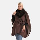 LA MAREY - Poncho mit Kunstfellkragen und Gürtel, One Size, Braun