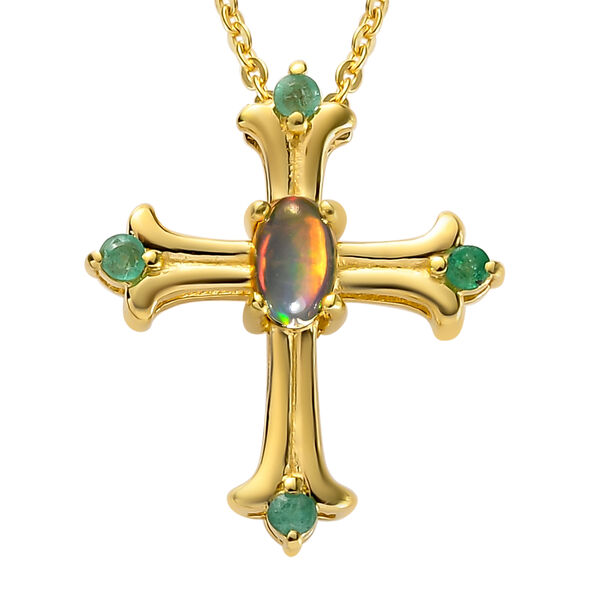 Natürlicher, äthiopischer Opal und Smaragd-Kreuz-Anhänger mit Kette in Silber image number 0