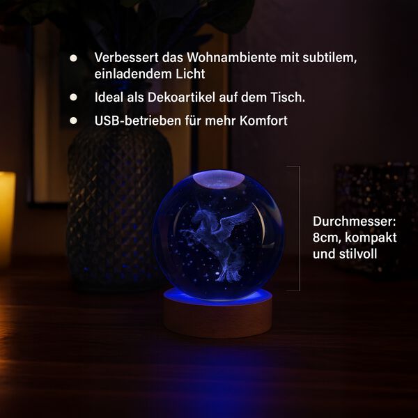 3D-Kristallglaskugel mit Einhorn, LED-Beleuchtung, 8cm, Farbwechsellicht image number 3