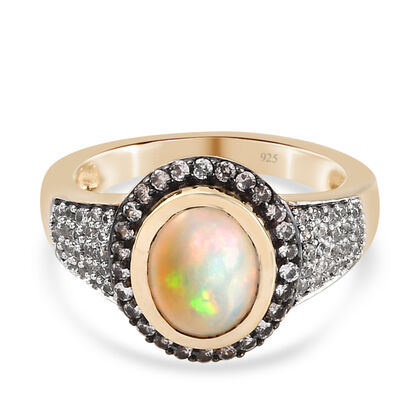 Nat&uuml;rlicher, &auml;thiopischer Opal und Champagner Zirkon-Ring, 925 Silber Gelbgold Vermeil (Gr&ouml;&szlig;e 16.00) ca. 1,76 ct