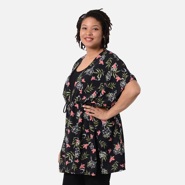 Kimono mit G&uuml;rtel, Blumenmuster, Schwarz und Mehrfarbig, Einheitsgr&ouml;&szlig;e image number 3