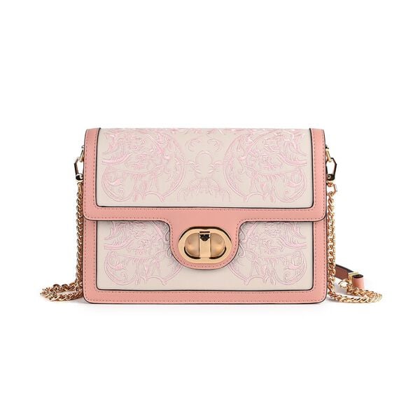 Grand Pelle Umhängetasche aus echtem Leder, Stickerei, Klappverschluss, Kettenriemen, 23x8x16 cm, Rosa image number 0