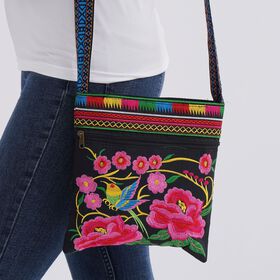Crossbody-Tasche mit Blumenstickerei, ethnischem Boho-Muster, 23×24 cm, Schwarz-Bunt