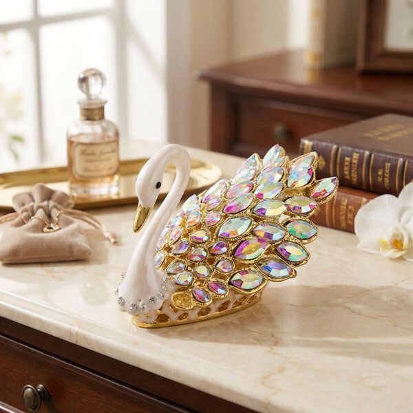 "Item#6015 Swan Trinket Storage Box Material:metal& synthetic crystal color: White size: 9.5*5*5.5CM" image number 1