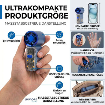 LIVMORE High Speed Mini Taschenventilator mit LED Licht, 3000 mAh Akku, 6 Geschwindigkeitsstufen, Blau