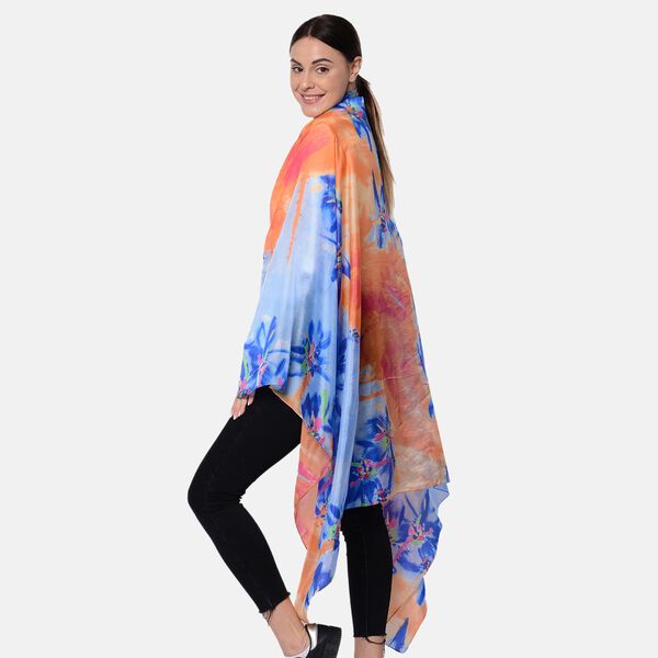 LA MAREY: Bedruckter Schal aus 100% Maulbeerseide, Blumenmuster, inkl. Geschenkbox, Blau und Orange image number 2