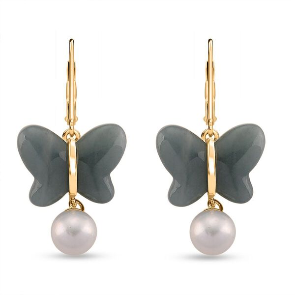 D'Joy EXTREM SELTEN - Natürlicher Olmek Jadeit, Weiße Süßwasser Perle Ohrringe 925 Silber vergoldet image number 0