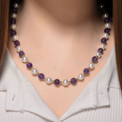 Afrikanischer Amethyst, Weiße Muschelkernperle Halskette ca. 45 cm+ 5 cm Extender, Standard gelb vergoldet image number 1