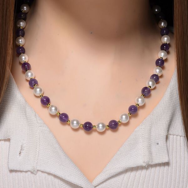 Afrikanischer Amethyst, Wei&szlig;e Muschelkernperle (7-9 mm) Halskette ca. 45 cm+ 5 cm Extender, gelb vergoldet image number 1