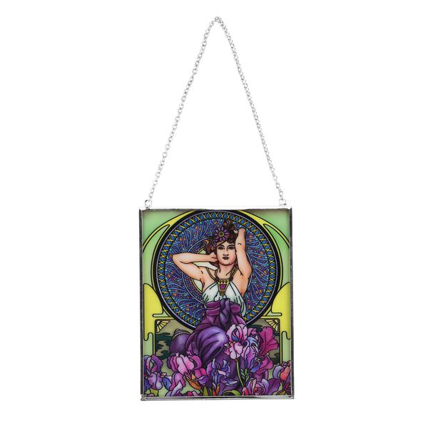 Handbemalter Glas Suncatcher mit Kette, silberfarbenem Rahmen, Alphonse Mucha Motiv Iris, 12x15 cm image number 3