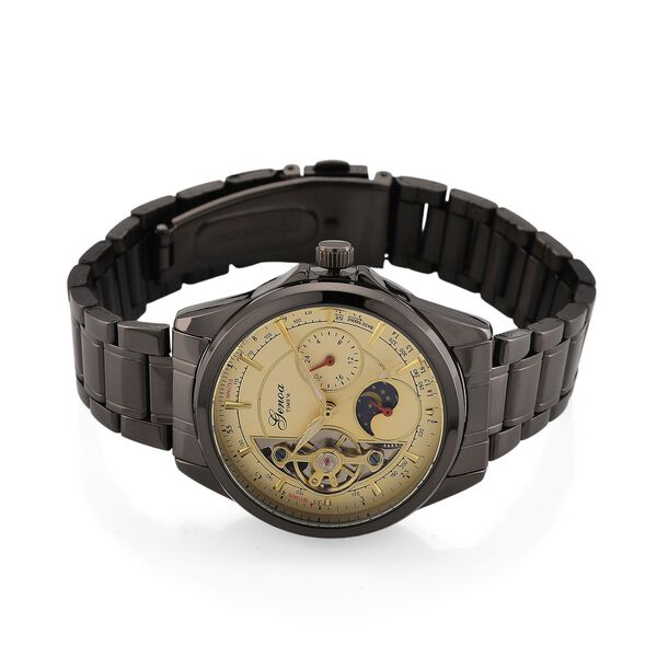 GENOA TIME V2 - Automatik-Armbanduhr, Mechanisches Uhrwerk, Edelstahlarmband, Schwarz-Goldfarben, Beigefarbenes Zifferblatt image number 4