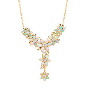 AA Nat&uuml;rlicher, &auml;thiopischer Welo Opal, Moissanit Halskette ca. 45 cm 925 Silber 750 Gelbgold Vermeil ca. 9,51 ct.