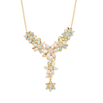 AA Nat&uuml;rlicher, &auml;thiopischer Welo Opal, Moissanit Halskette ca. 45 cm 925 Silber 750 Gelbgold Vermeil ca. 9,51 ct.