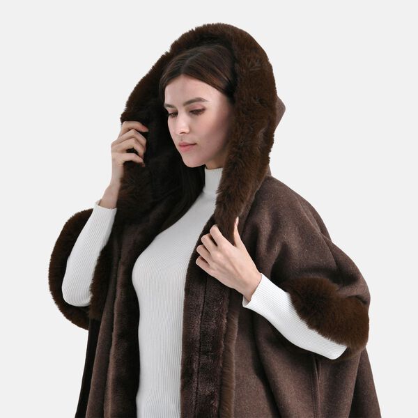 LA MAREY - Poncho aus Webpelz mit Fransen und Fleecefutter, Einheitsgröße, Braun image number 6