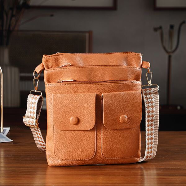 Umhängetasche aus feinem Lederimitat mit mehreren Taschen, Einheitsgröße, Hellorange image number 2