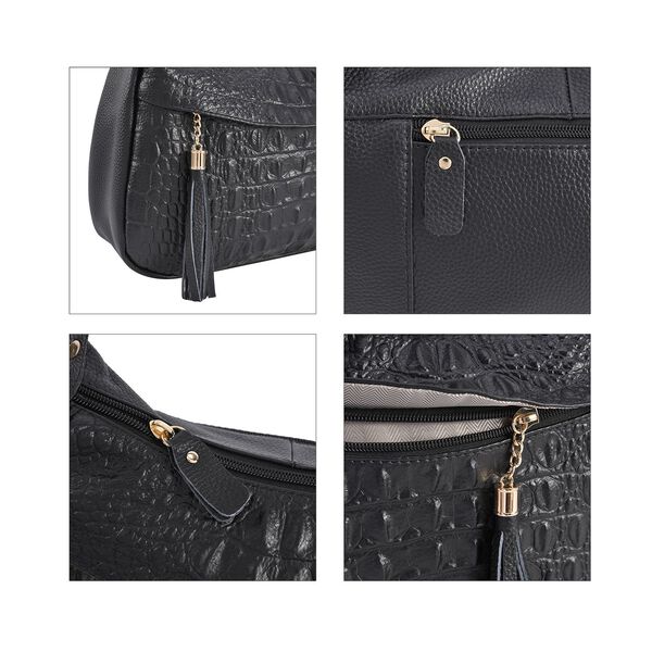 Crossbody Handtasche aus 100% echtem Leder mit Krokoprägung, Schwarz image number 5