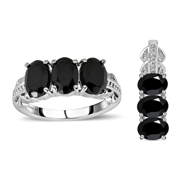 Schwarzer Spinell Schmuckset  Edelstahl ca. 5.84 ct