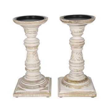 Set aus 2 antiken geschnitzten Holzkerzenhaltern mit quadratischem St&auml;nder, 23cm, Altwei&szlig;