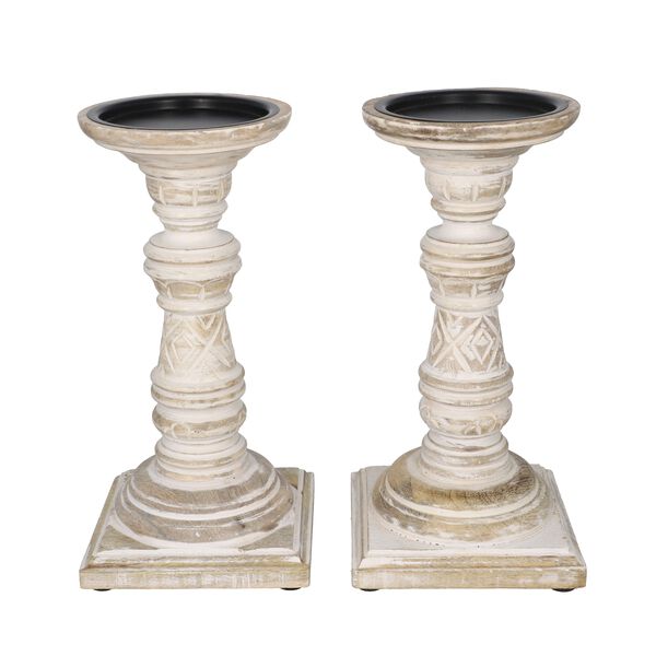 Set aus 2 antiken geschnitzten Holzkerzenhaltern mit quadratischem St&auml;nder, 23cm, Altwei&szlig;