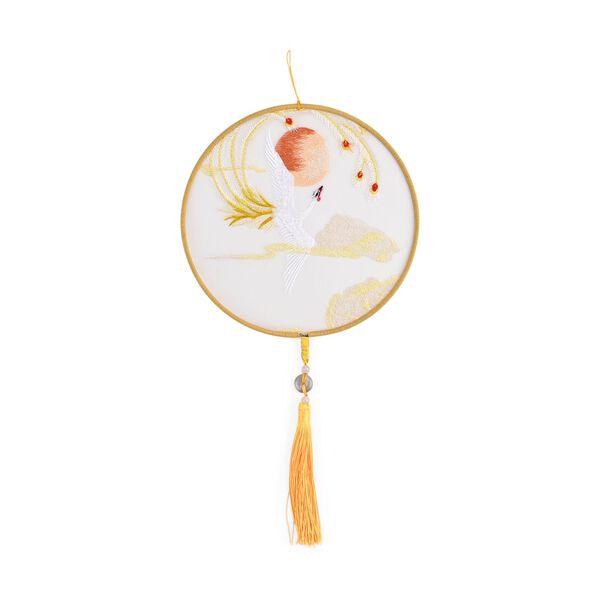 "Brand:LIVMORE Double-sided embroidery Silk wall decoration with  Jade tassel-Round shape                                                                                                             Size Dia: 20cm Pattern:Yellow Phoenix image number 3