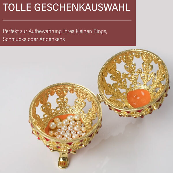 Exquisite Schmuckbox in Hohlkugelf&ouml;rmig - Metall mit farbigem Emaille-Blumenmuster und Strasssteinen, 5x9 cm, rot und gold image number 3