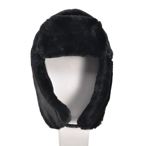 Trapperm&uuml;tze mit Ohrenklappen aus Kunstpelz, schwarz