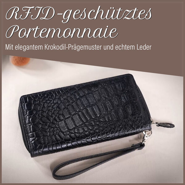 RFID-geschützte Brieftasche aus 100% echtem Leder mit Kroko-Prägung und abnehmbarem Trageschlaufe, schwarz image number 2