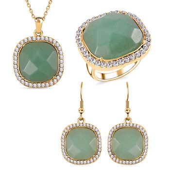 3er Set - Gr&uuml;ner Aventurin, Wei&szlig;er Kristall  Anh&auml;nger mit Kette, Ring und Ohrringe, (Gr&ouml;&szlig;e 16.00), goldfarben