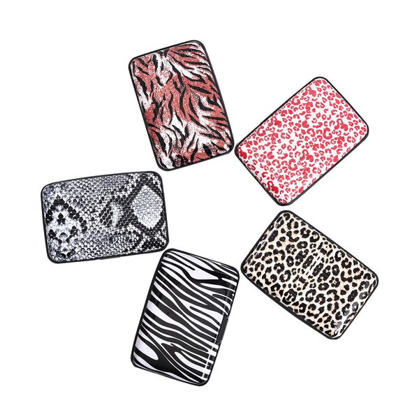 5er-Set Kartenhalter mit RFID Schutz; mit Tierdruck Thema Zebra, Schlange, Tiger, Leopardenmuster, Aluminium