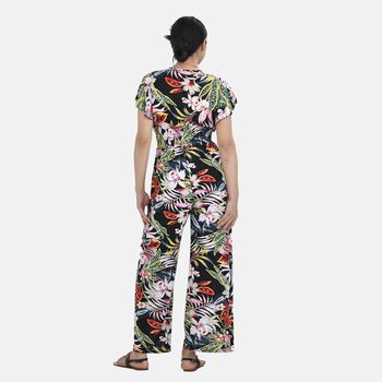 Jumpsuit mit gesmokter Taille und Flatter&auml;rmeln, Tropisches Blumenmuster