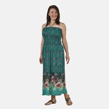 TAMSY - Gesmoktes Maxi-Kleid, Sommerkleid, Pfaunmuster, gr&uuml;n