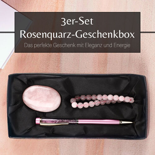 3er Exklusives Geschenkset – Rosenquarz: Handschmeichler, Armband und Kugelschreiber mit Kristallkugel image number 1