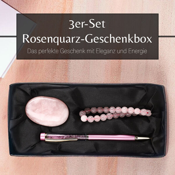 3er Exklusives Geschenkset – Rosenquarz: Handschmeichler, Armband und Kugelschreiber mit Kristallkugel image number 1
