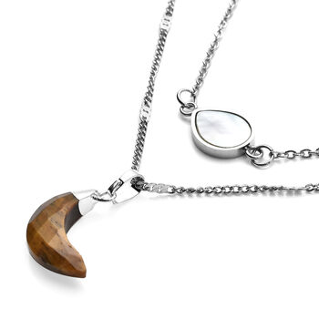 Gelbe Tigerauge und wei&szlig;e Perlmutt-Halskette, 48 cm, 316L Edelstahl ca. 1.50 ct