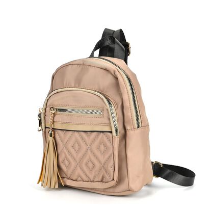 Moderner Rucksack in Steppoptik - Leicht, mit 3 Rei&szlig;verschlusstaschen und gepolsterten Schulterriemen,  18 x 9 x 24 cm, Khaki