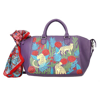 SUKRITI - Leopard & Blumen, 100% natürliche Leder Schultertasche mit passendem Seiden-Schal, 33x13x16.5cm, lila