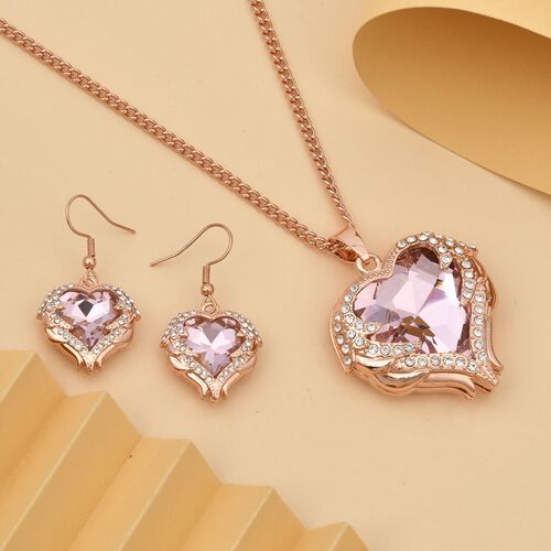 2er Set - Glas, Kristall Anhänger mit Kette und Ohrringe, Rosa image number 1